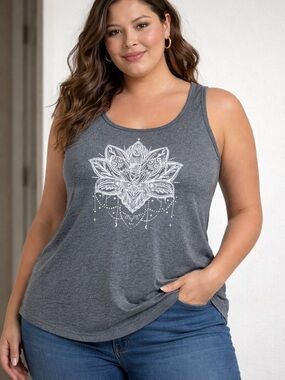 Amazon Grey Tank Top with White Floral Mandala Graphic